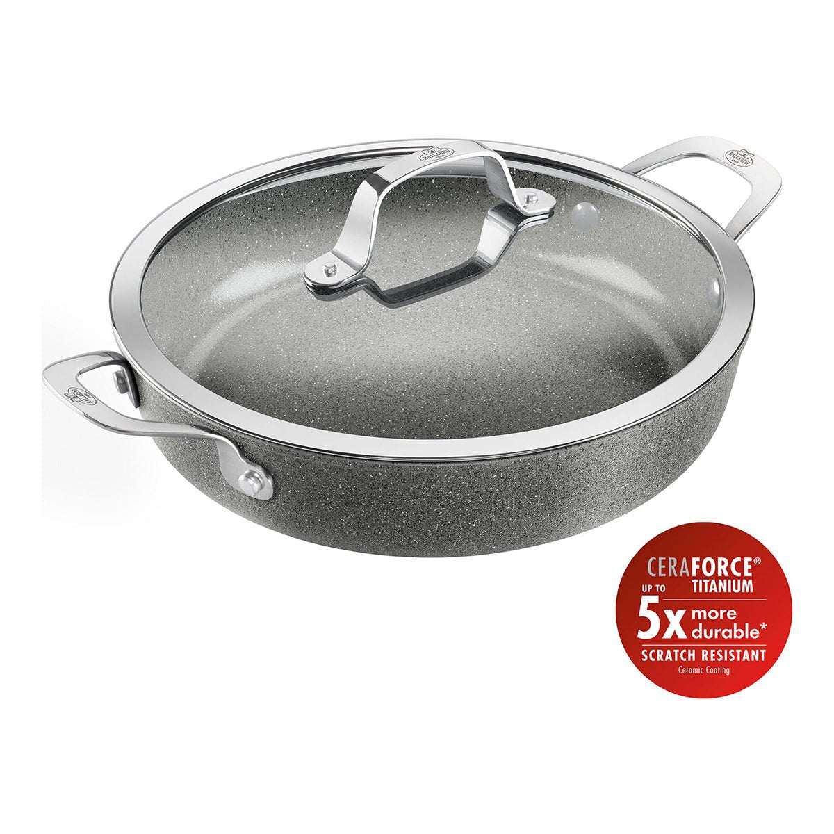 Traktørpanne med 2 håndtak og lokk, 28cm, aluminium, titanforsterket - BALLARINI SALINA CERAMIC - STEKEPANNE - Me & Max AS